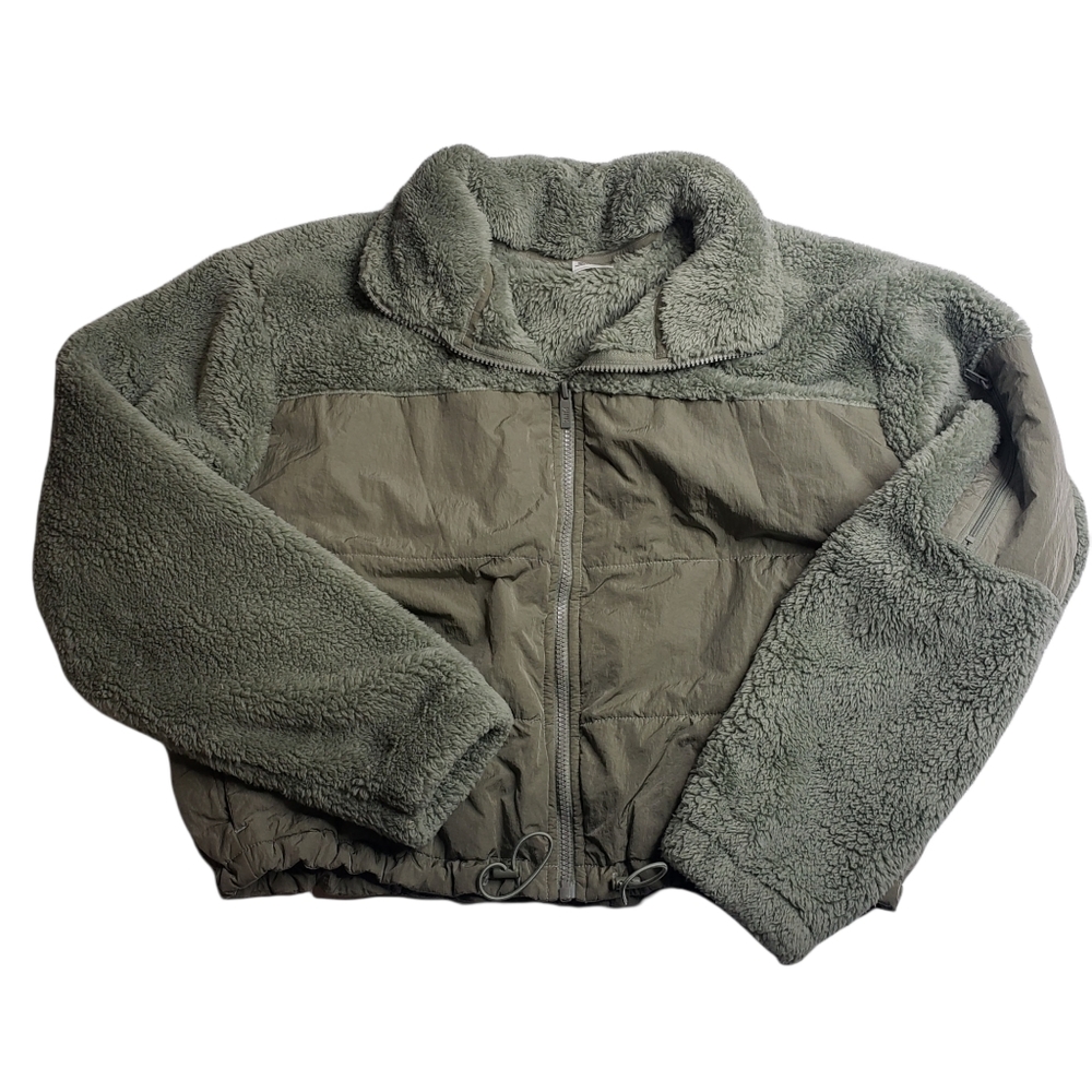 PINK Victoria's Secret Full ZIP Army Green Crop Fleece Jacket Size Large